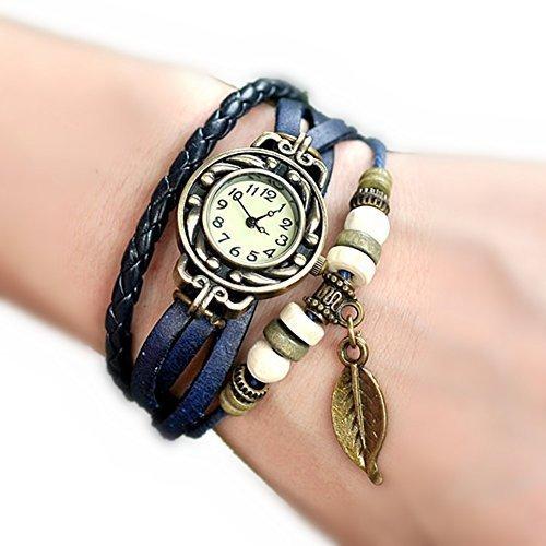 Vintage Blau Wickelarmband Damen Armbanduhr Lederarmband Bronze Blatt Anhnger Holzperlen Analog Quarz UhrJS Direct Uhren 0
