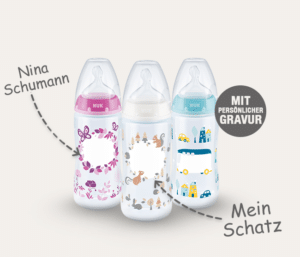 Babyflasche mit Gravur: Namen, Datum, Größe und Gewicht