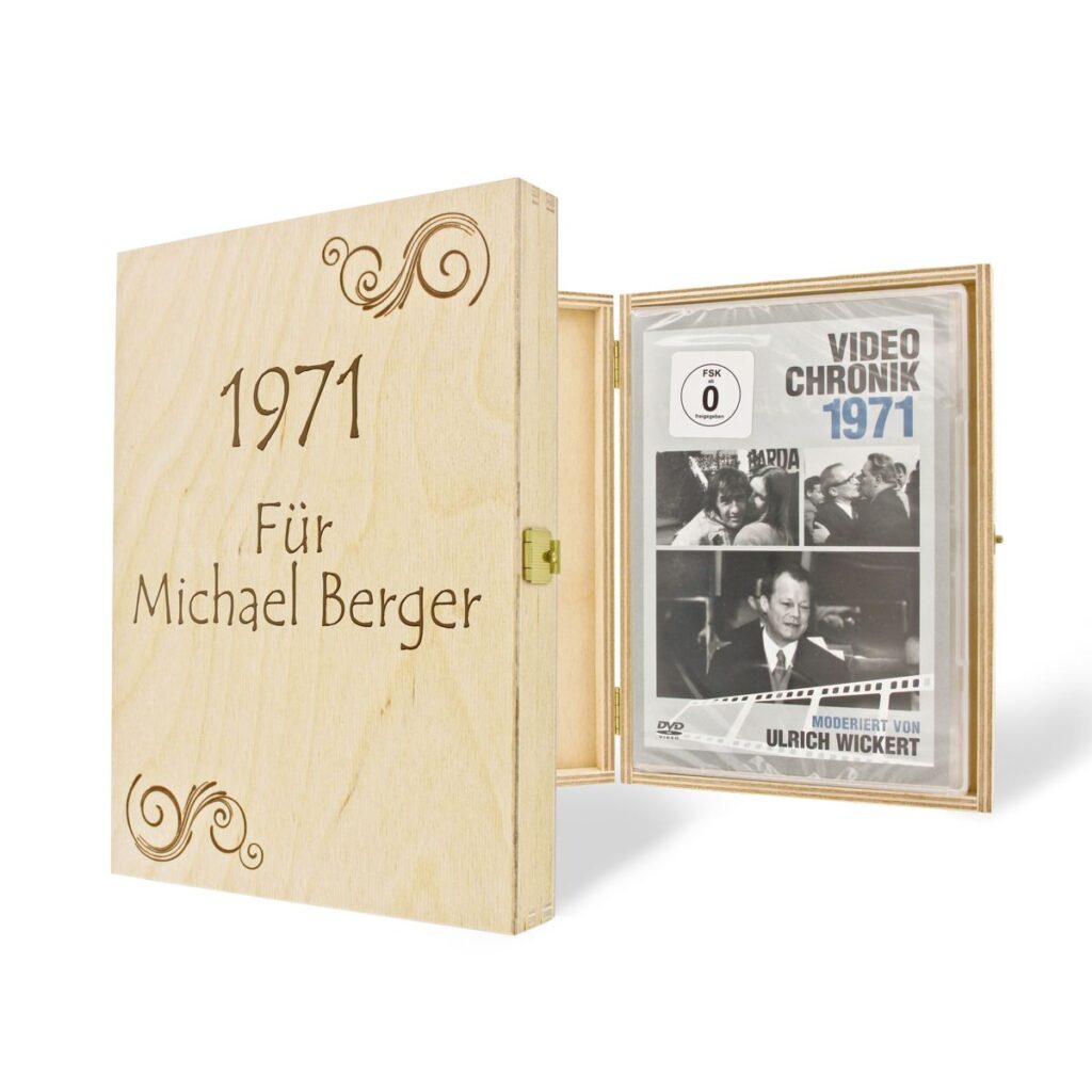 Jahrgangs-DVD-Chronik im Wunschjahr mit personalisierter Holzkiste