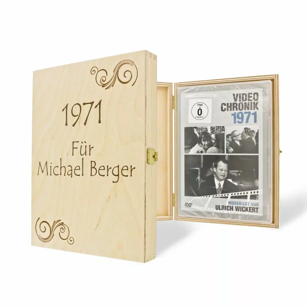Jahrgangs-DVD-Chronik im Wunschjahr mit personalisierter Holzkiste