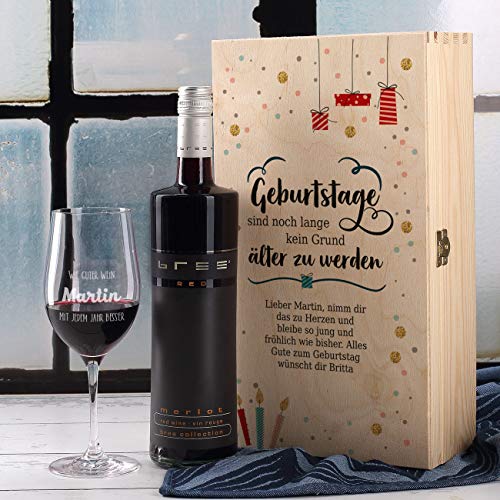 1 Flasche Leder Weinbox Geschenk für Damen & Herren Gold Glückwunschgeschenk Weingeschenkset Personalisierte Weinkiste Happy Birthday! Premium Weintransportbox mit Weinzubehör Geschenkset