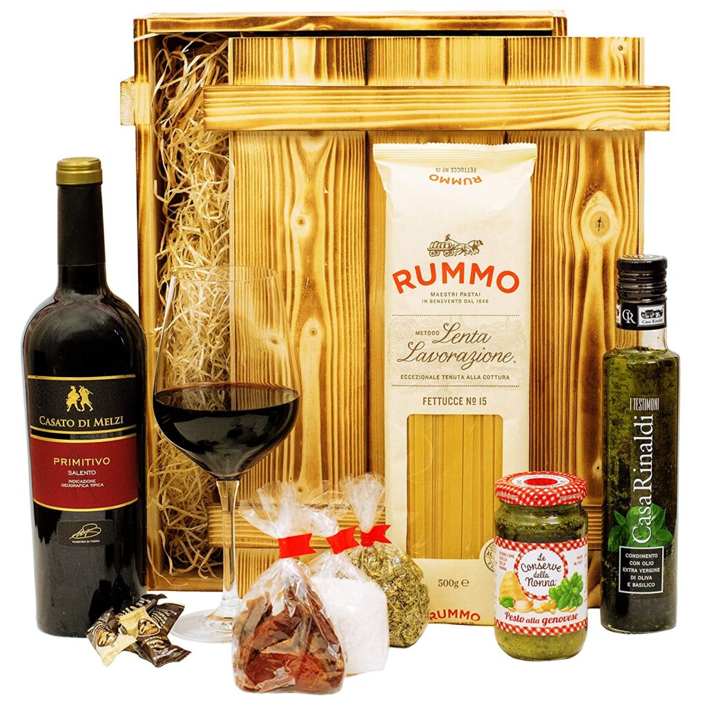 Italien Geschenkkorb gefüllt mit Wein, italienischen Spezialitäten & Holzkiste