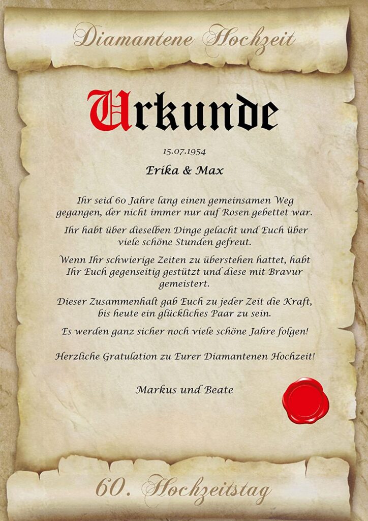 Urkunde zur Diamanten Hochzeit