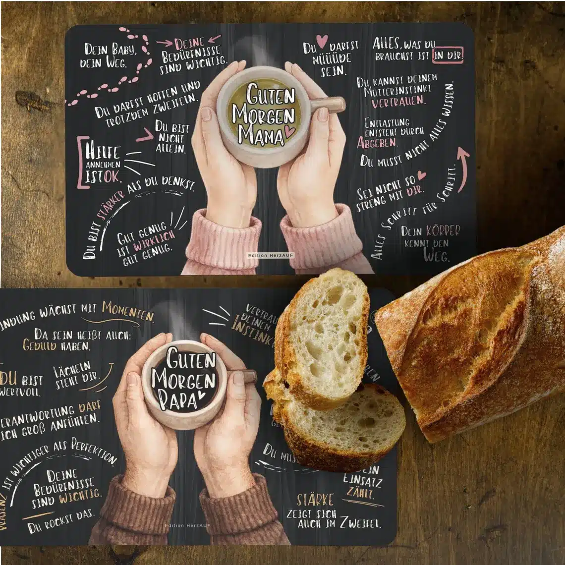 Frühstücksbrettchen Set „Guten Morgen Mama & Papa“ – Geschenk zur Geburt